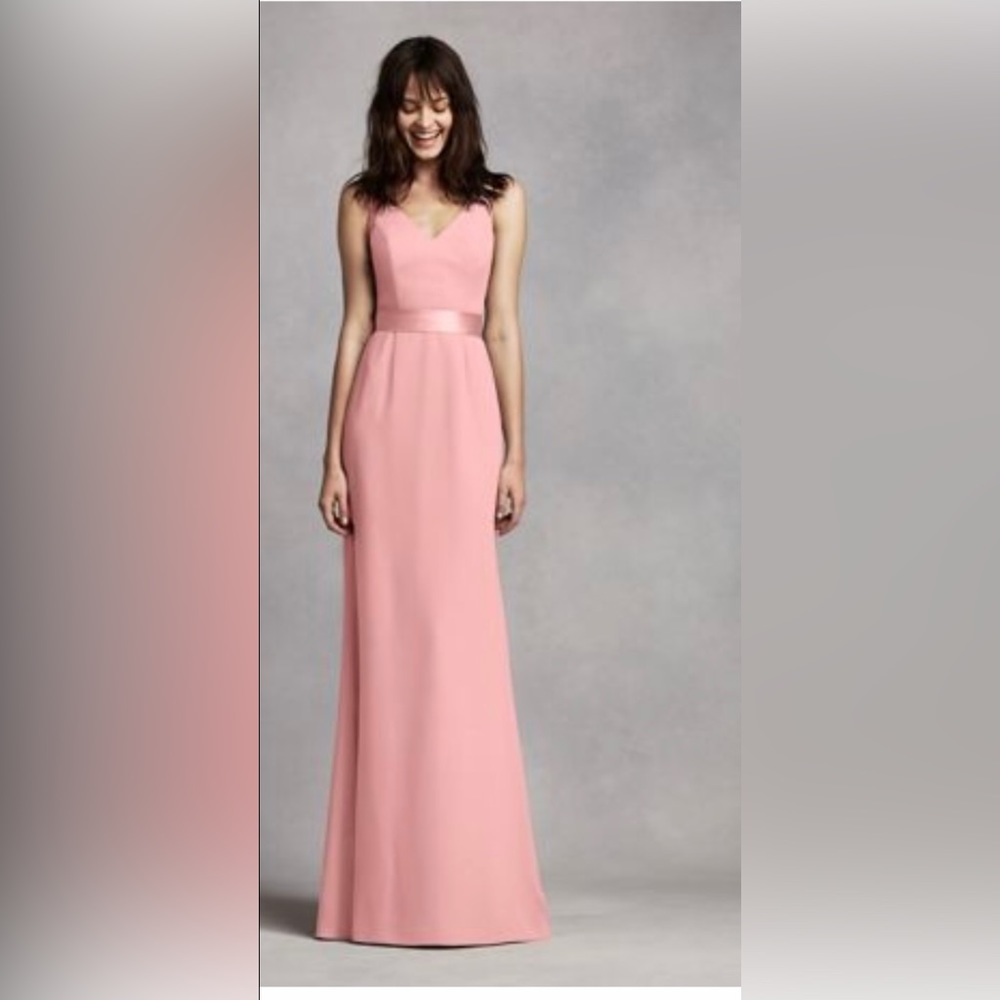 NWT David’s Bridal ballet pink long V neck gown with open back